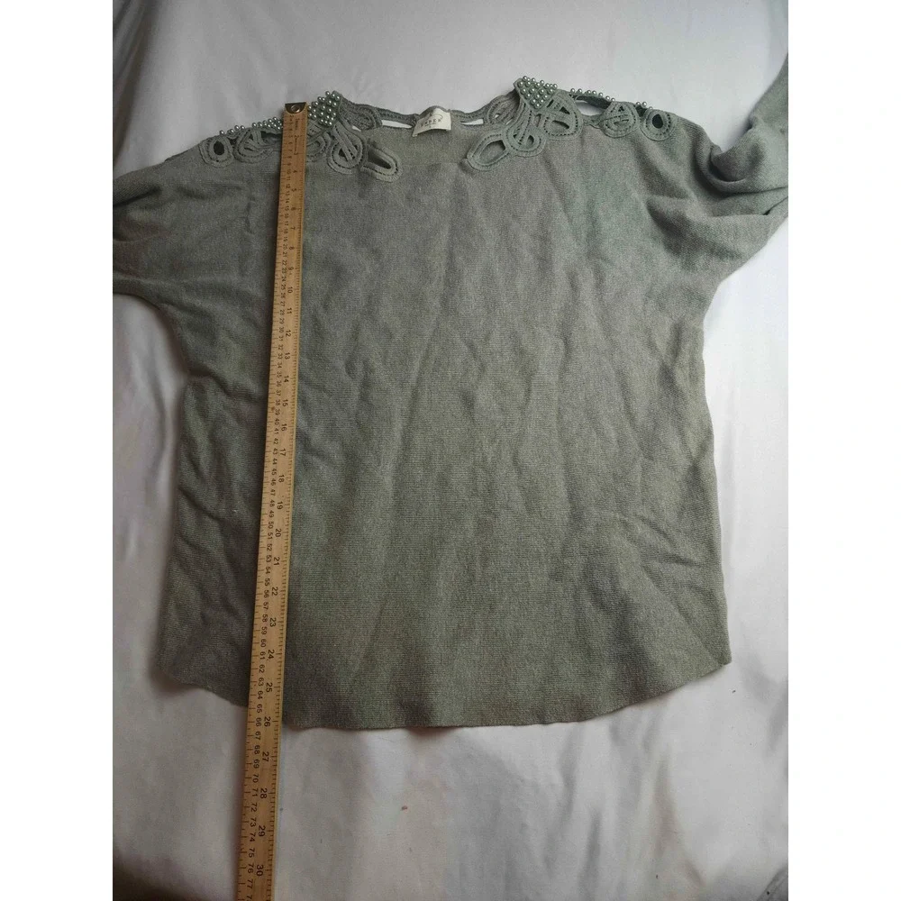 Ember Sage Green Crochet Cutout Pearl Embellished Knit Sweater Womens Large